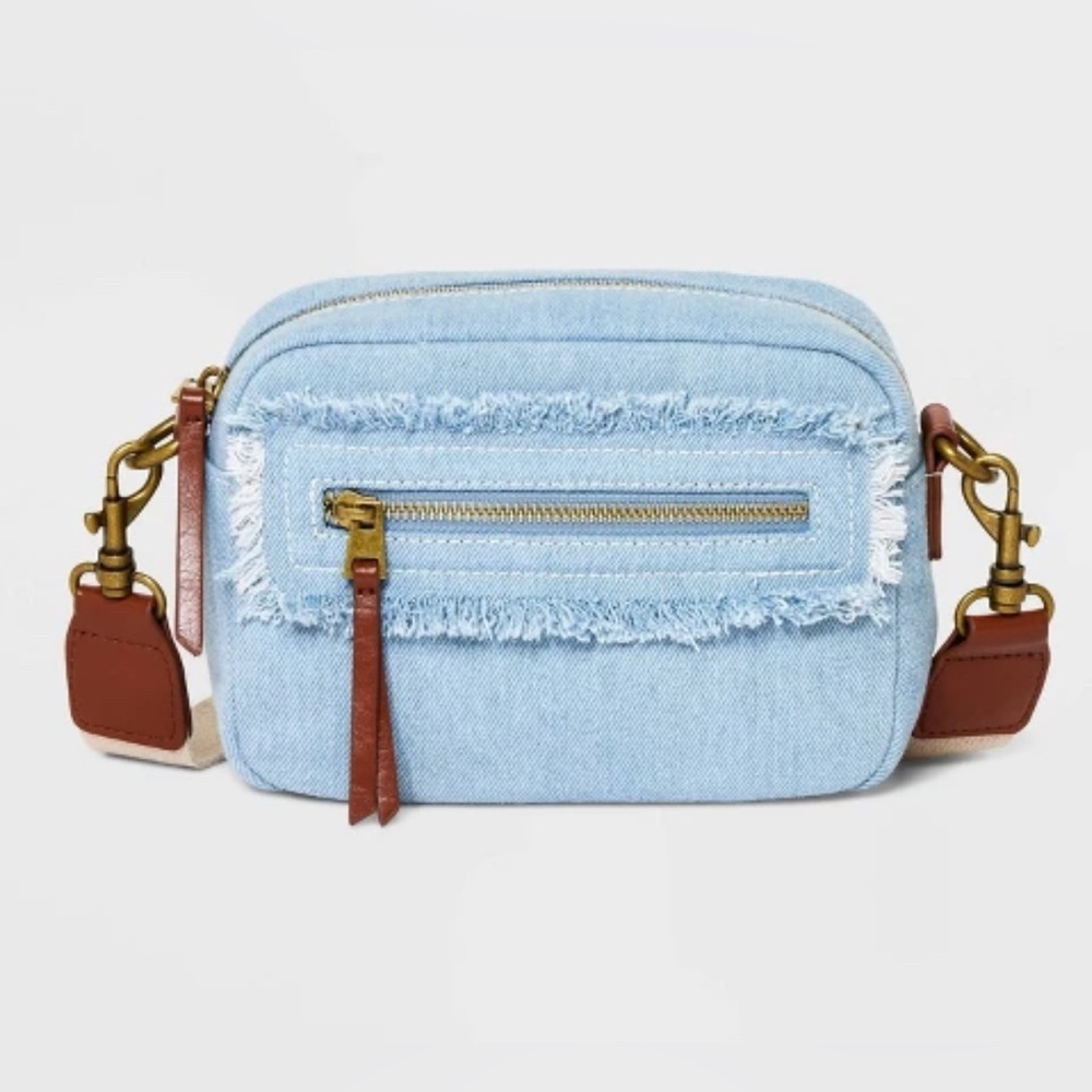 Denim Camera Crossbody Bag with Tan Strap - Picture 2 of 10